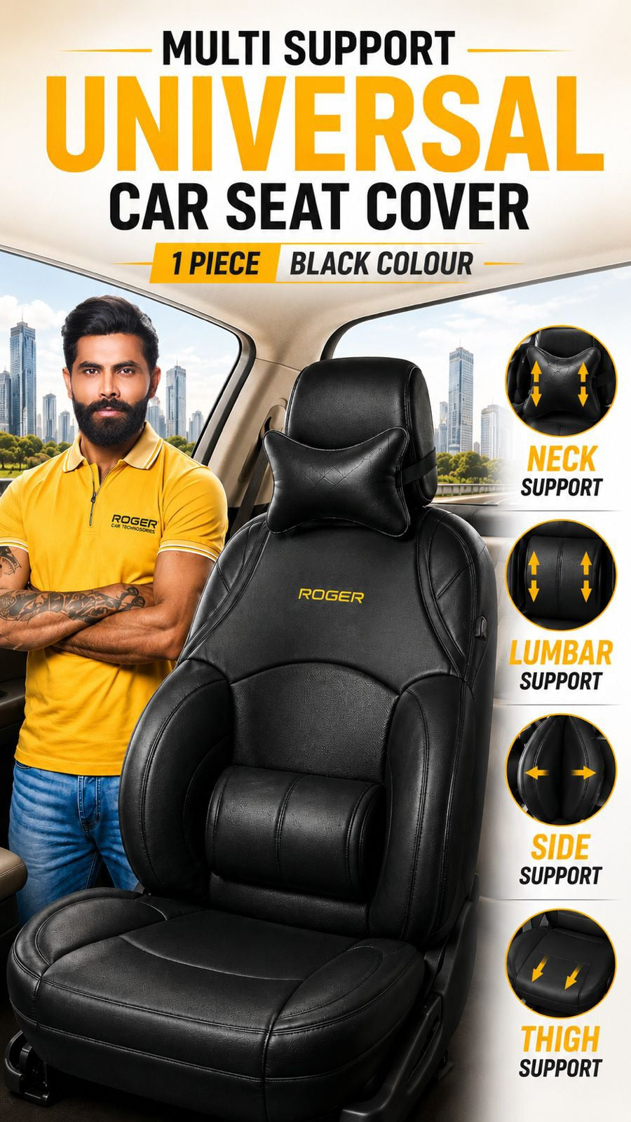 Roger Universal Multi-Support Seat Cover | 1-Piece | Supports Neck to Thighs | Fits All Car Models | 12-Month Stitching Warranty | Reduces Long Drive Fatigue | Built-In Lumbar Support | Premium Synthetic Leather