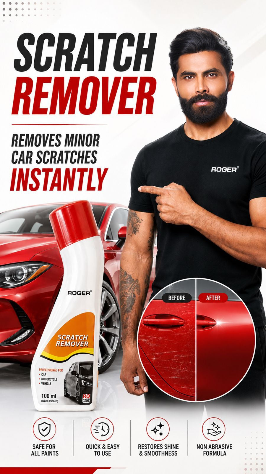 Roger Scratch Remover | Built-in Sponge Applicator | Removes Light Scratches & Restores Shine | For All Car Paint Colours | 100 ml