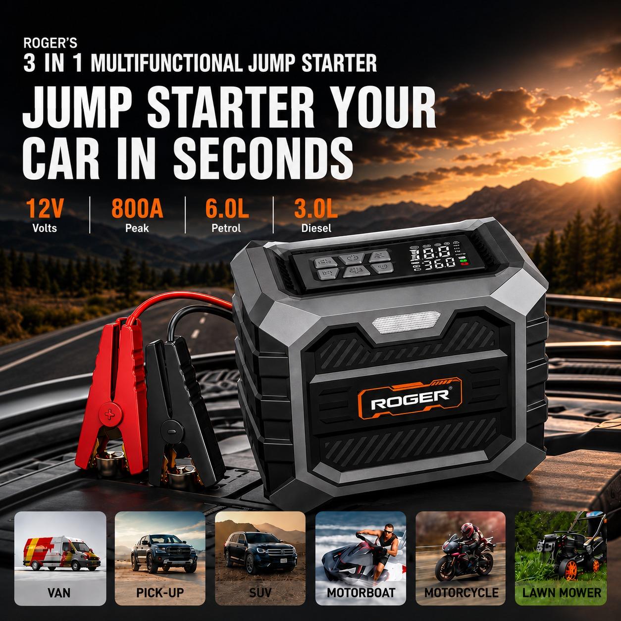 Roger 3 In 1 Multifunctional Jump Starter 800A Jump Starter | Digital Auto Cut-Off Air Inflator Wireless & 12V Operation | 8000 mAh Battery | 1 Year Warranty