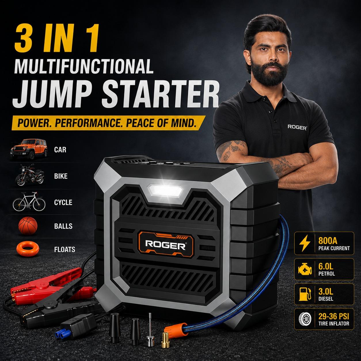 Roger 3 In 1 Multifunctional Jump Starter 800A Jump Starter | Digital Auto Cut-Off Air Inflator Wireless & 12V Operation | 8000 mAh Battery | 1 Year Warranty