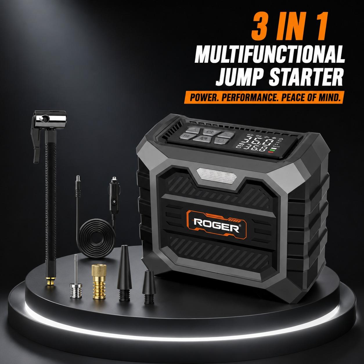 Roger 3 In 1 Multifunctional Jump Starter 800A Jump Starter | Digital Auto Cut-Off Air Inflator Wireless & 12V Operation | 8000 mAh Battery | 1 Year Warranty