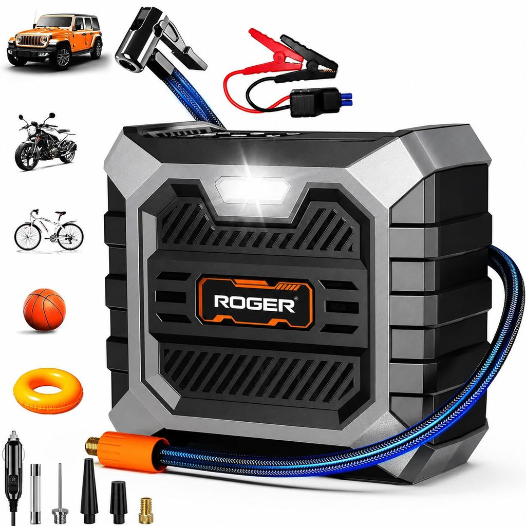 Roger 3 In 1 Multifunctional Jump Starter 800A Jump Starter | Digital Auto Cut-Off Air Inflator Wireless & 12V Operation | 8000 mAh Battery | 1 Year Warranty
