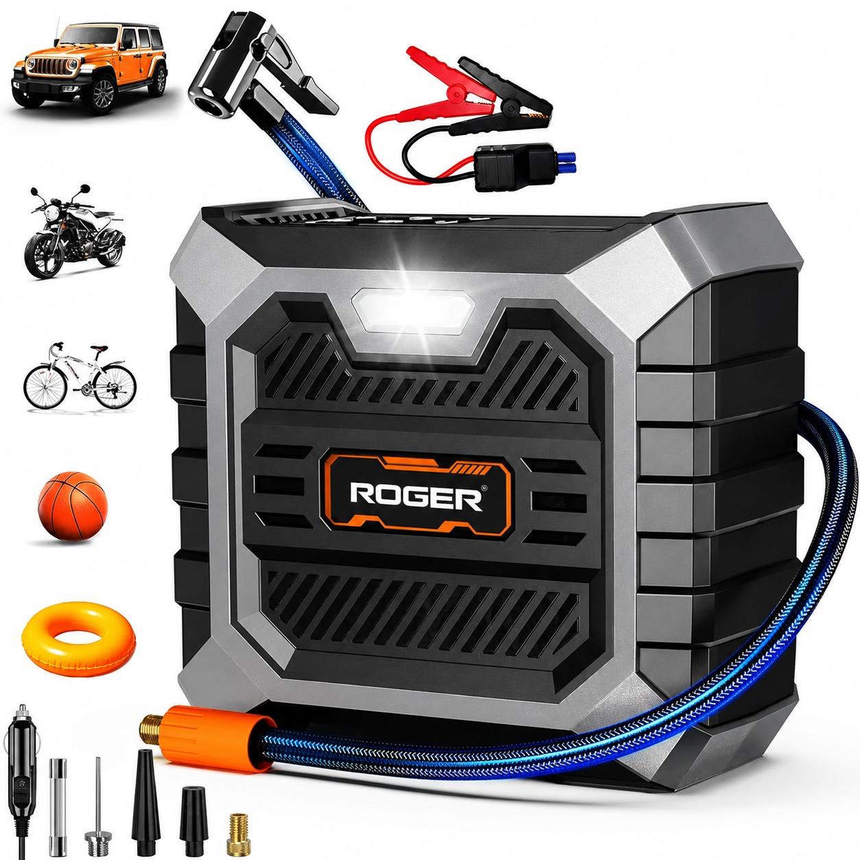 Roger 3 In 1 Multifunctional Jump Starter 800A Jump Starter | Digital Auto Cut-Off Air Inflator Wireless & 12V Operation | 8000 mAh Battery | 1 Year Warranty