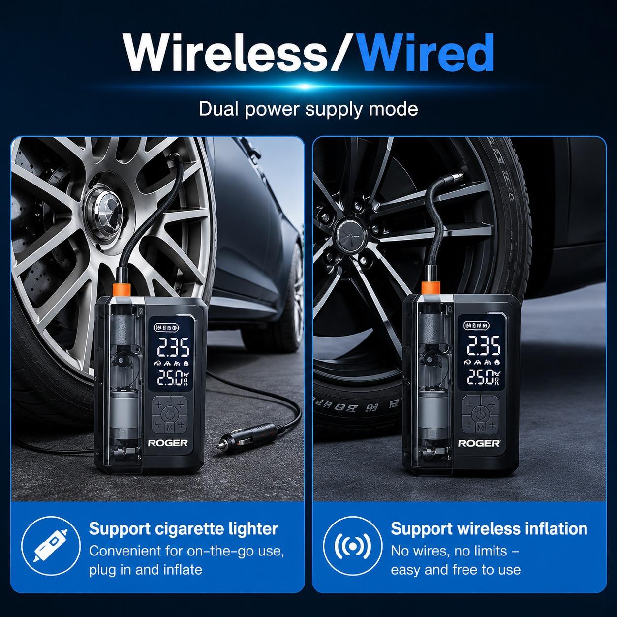 Roger Air Inflator | Transparent Visible Design | Dual Mode (Battery + 12V) | Fast Tyre Inflation | Auto Cut-Off | Works for Cars & Bikes | Emergency LED Light | 2-Year Warranty