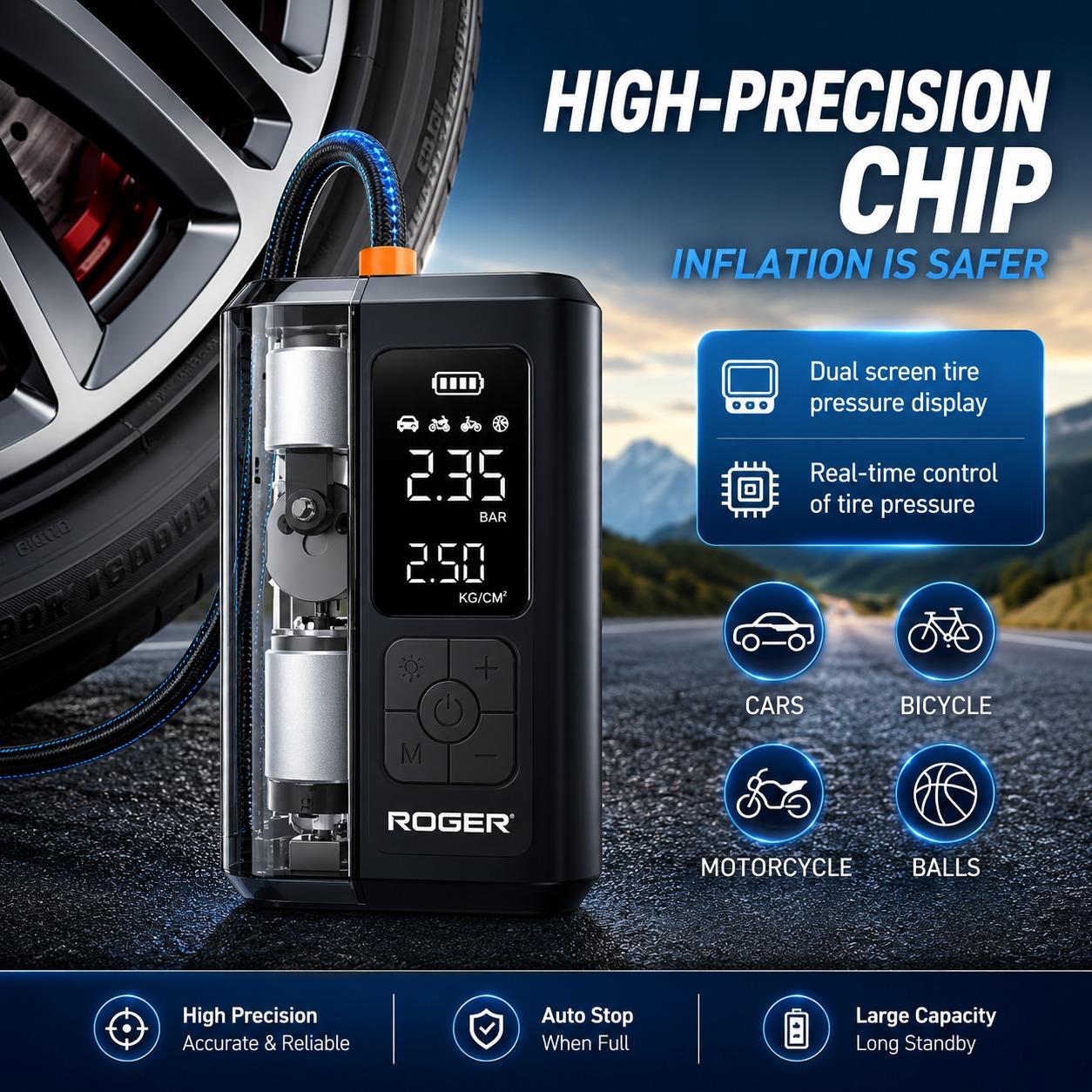 Roger Air Inflator | Transparent Visible Design | Dual Mode (Battery + 12V) | Fast Tyre Inflation | Auto Cut-Off | Works for Cars & Bikes | Emergency LED Light | 2-Year Warranty