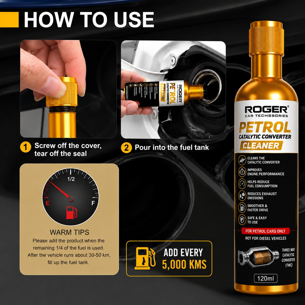 Roger Catalytic Converter For Petrol & CNG Cars | Deep Carbon Cleaning | Protects Catalytic Converter | Better Pickup & Mileage | Add Every 5,000 km | DIY Easy Application