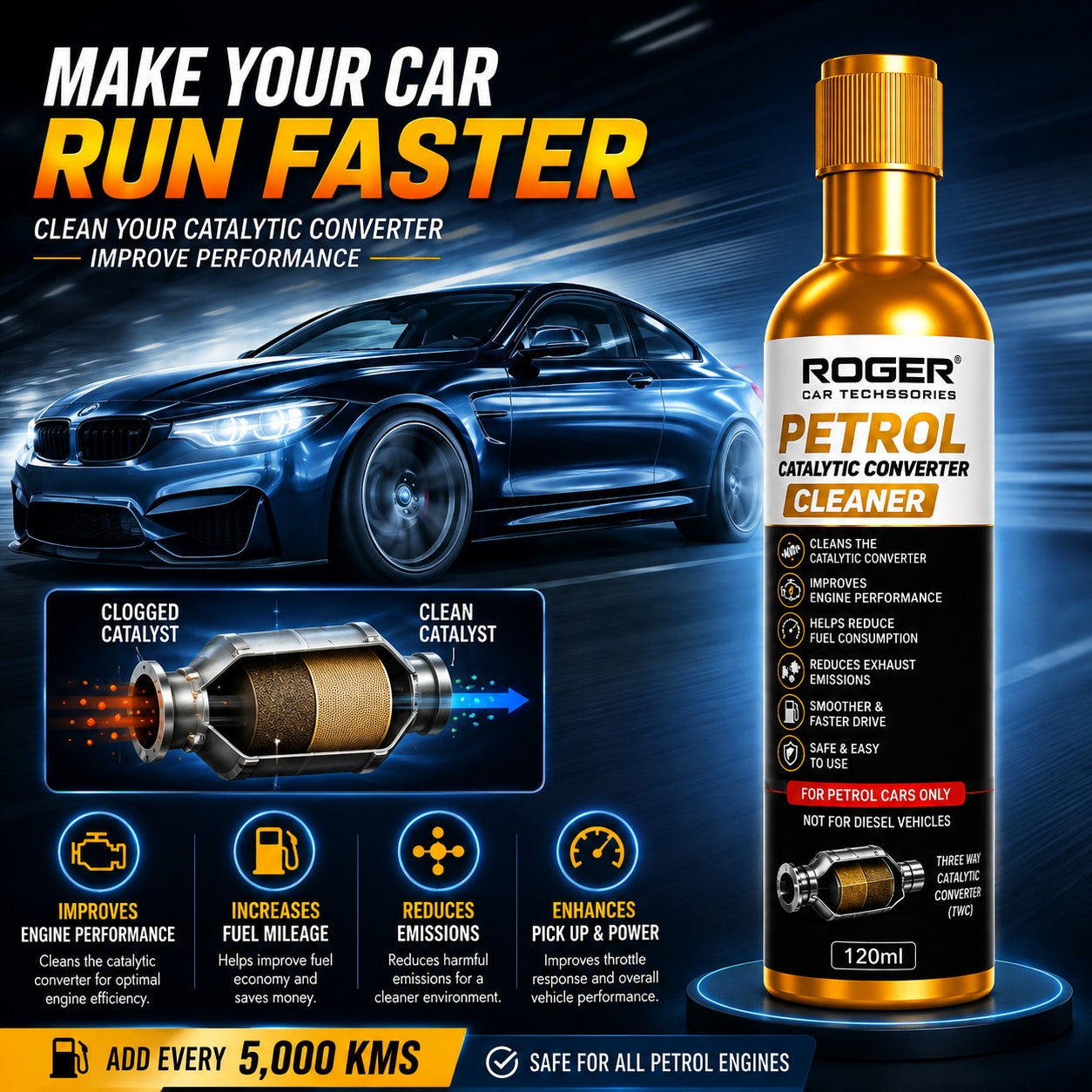 Roger Catalytic Converter For Petrol & CNG Cars | Deep Carbon Cleaning | Protects Catalytic Converter | Better Pickup & Mileage | Add Every 5,000 km | DIY Easy Application