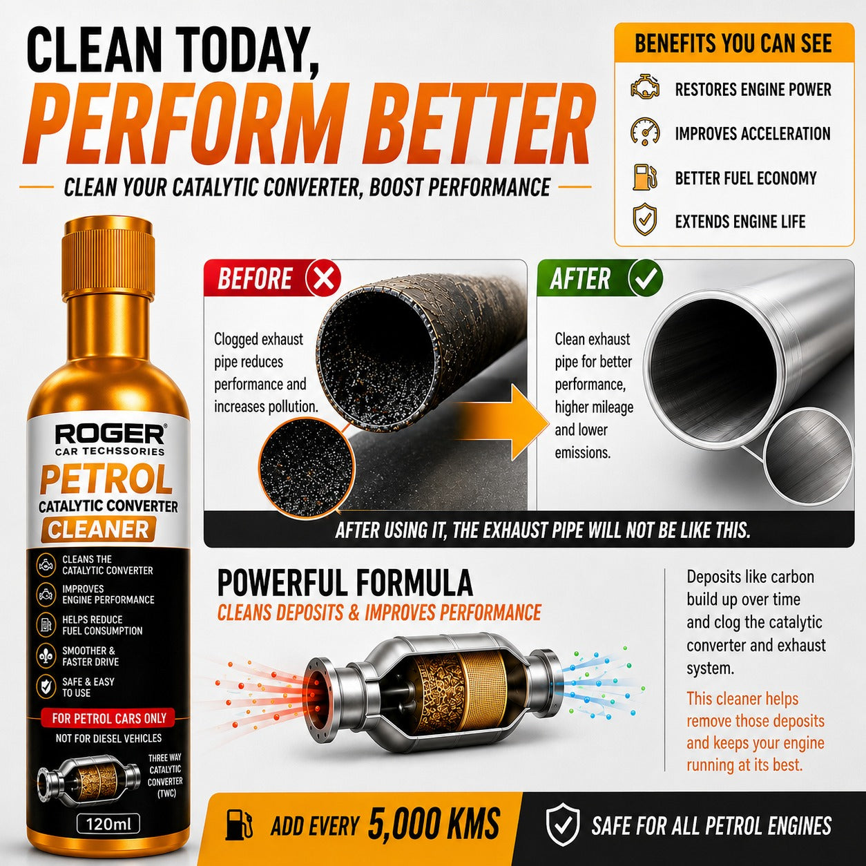 Roger Catalytic Converter For Petrol & CNG Cars | Deep Carbon Cleaning | Protects Catalytic Converter | Better Pickup & Mileage | Add Every 5,000 km | DIY Easy Application