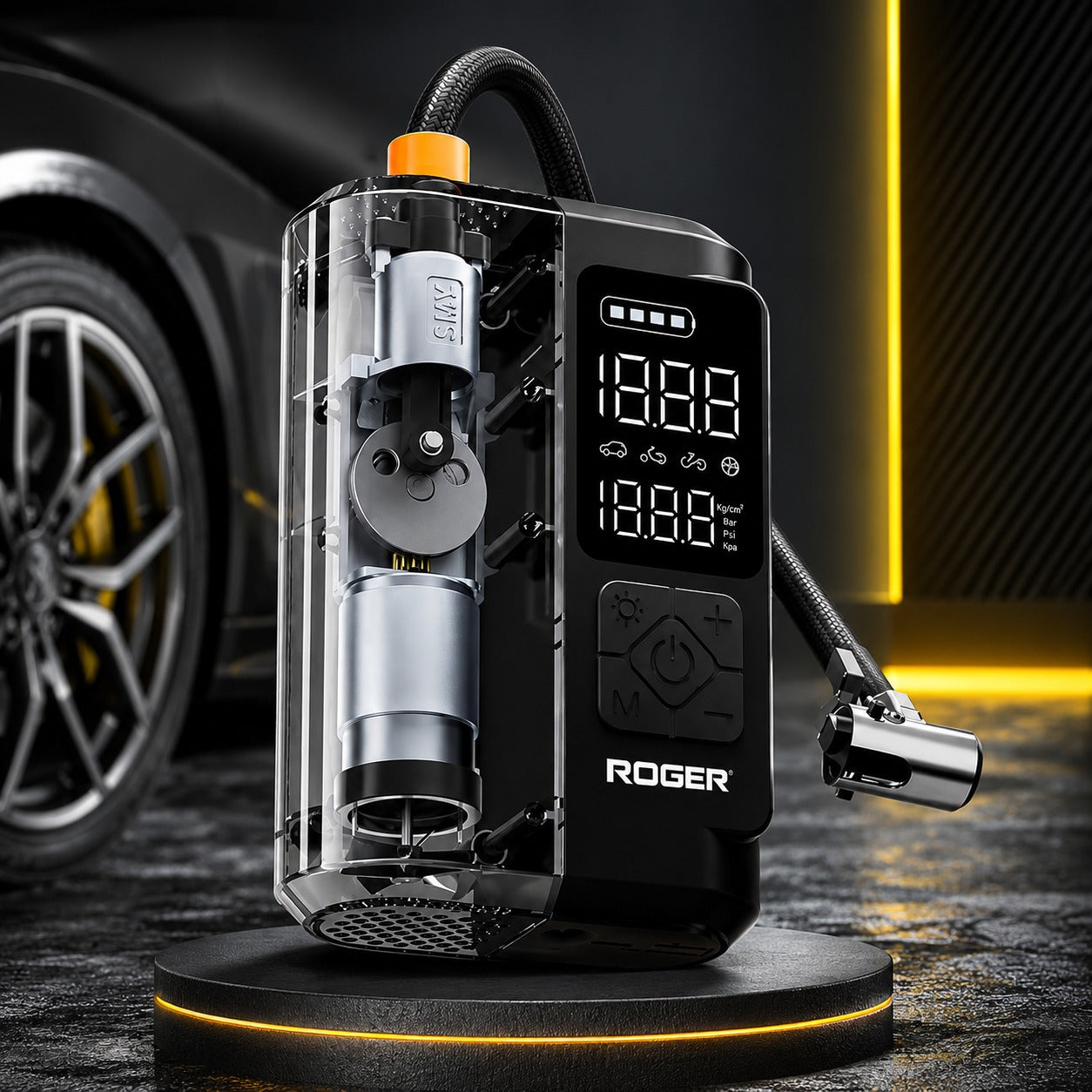 Roger Air Inflator | Transparent Visible Design | Dual Mode (Battery + 12V) | Fast Tyre Inflation | Auto Cut-Off | Works for Cars & Bikes | Emergency LED Light | 2-Year Warranty
