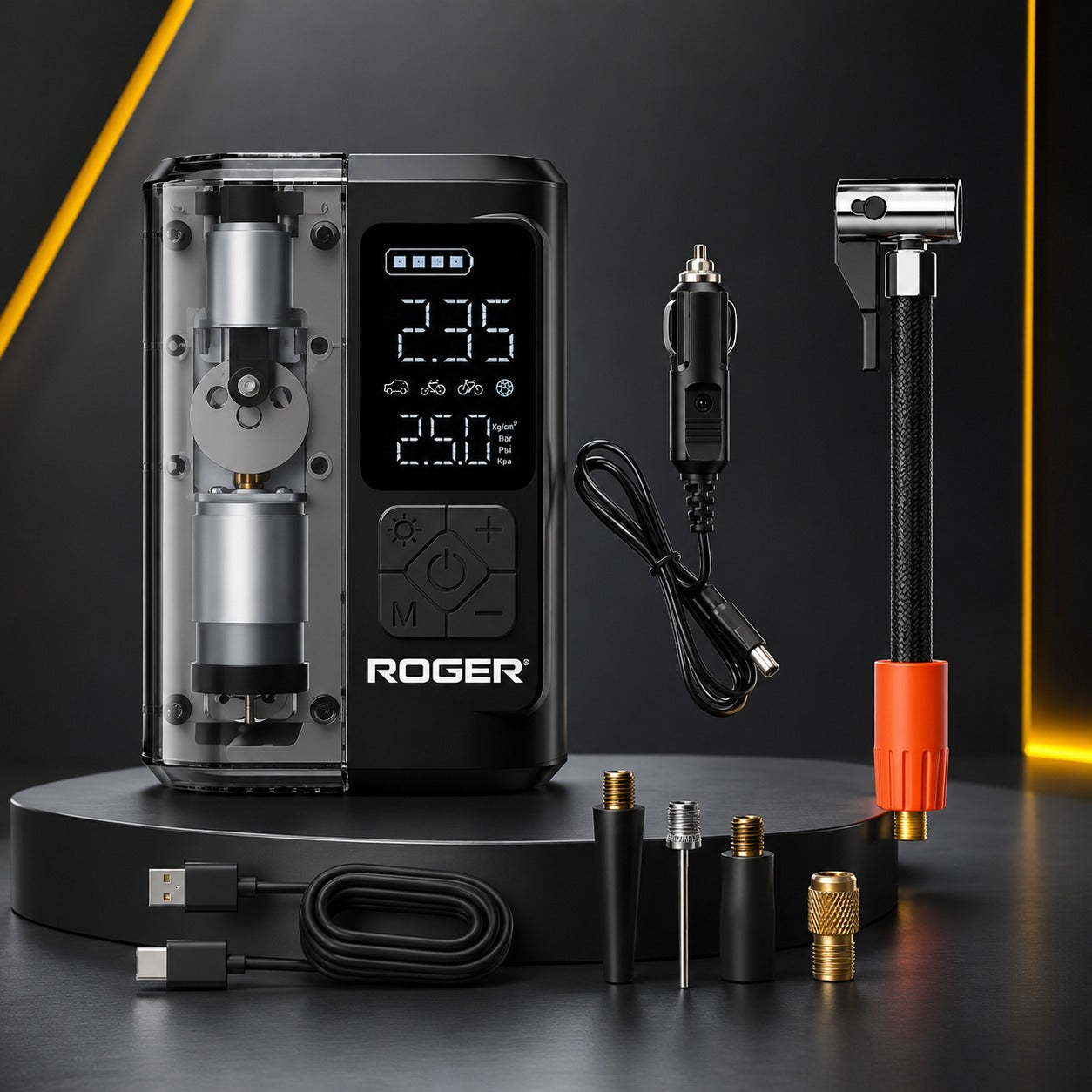 Roger Air Inflator | Transparent Visible Design | Dual Mode (Battery + 12V) | Fast Tyre Inflation | Auto Cut-Off | Works for Cars & Bikes | Emergency LED Light | 2-Year Warranty
