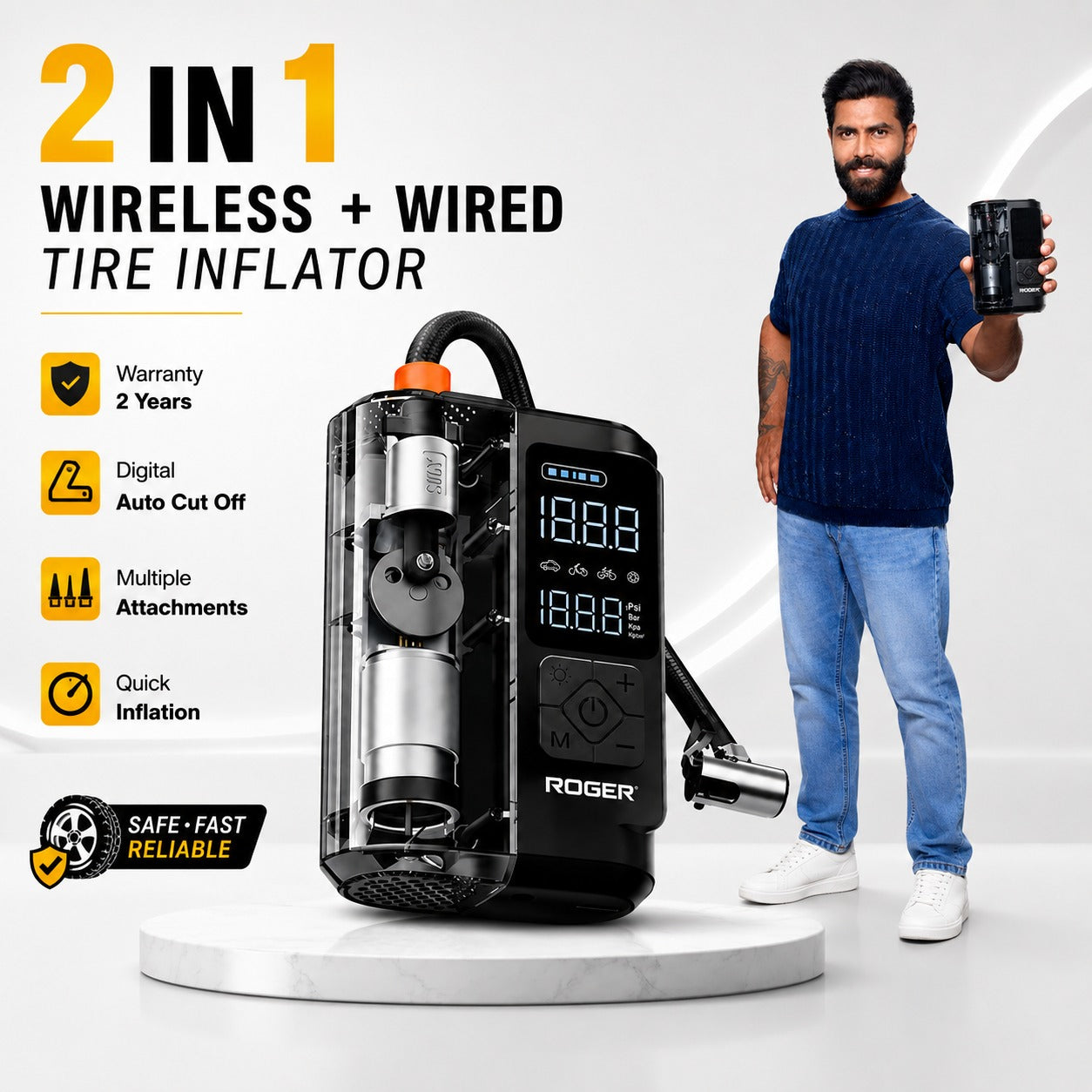 Roger Air Inflator | Transparent Visible Design | Dual Mode (Battery + 12V) | Fast Tyre Inflation | Auto Cut-Off | Works for Cars & Bikes | Emergency LED Light | 2-Year Warranty