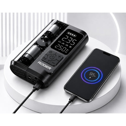 Roger Air Inflator | Transparent Visible Design | Dual Mode (Battery + 12V) | Fast Tyre Inflation | Auto Cut-Off | Works for Cars & Bikes | Emergency LED Light | 2-Year Warranty