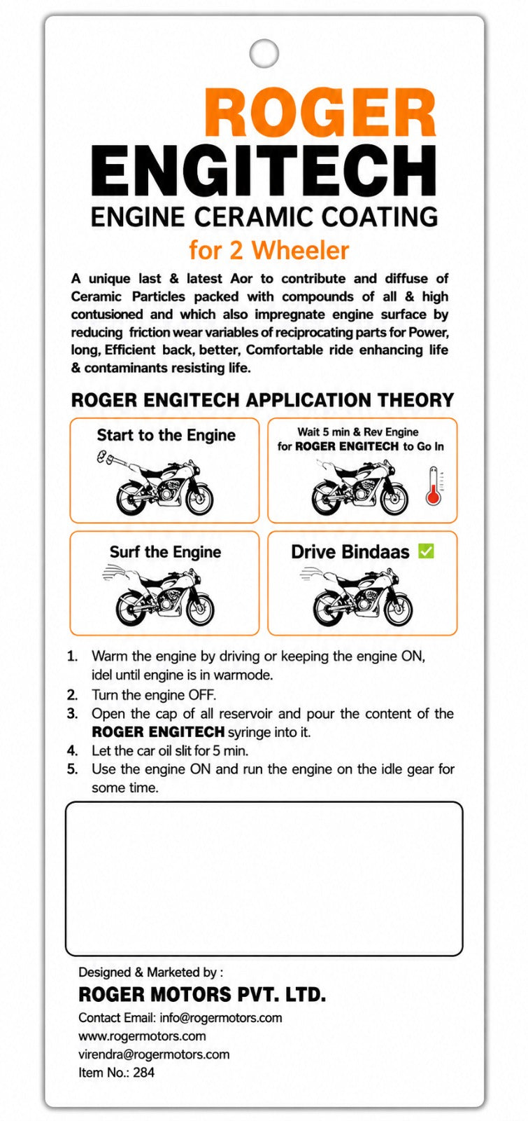 Roger Engitech Engine Oil Additive for Two-Wheelers | Reduces Engine Friction | Better Pickup & Performance | Reduces Engine Noise | Lasts Up to 5,000 km | DIY Easy Application