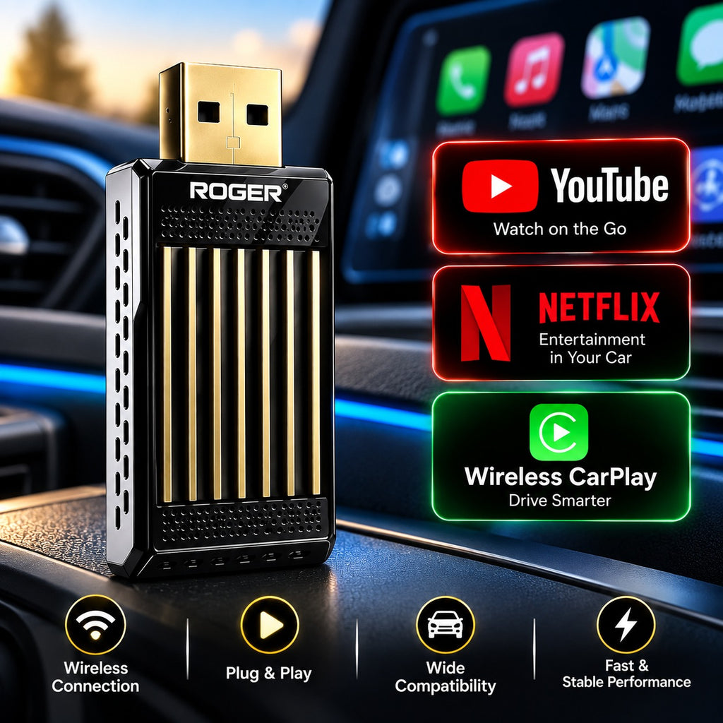 Roger AI Box 4GB + 32GB | YouTube, Netflix, Hotstar & Any App| 1-Year Warranty | Converts Wired Carplay & Android Auto to Wireless |