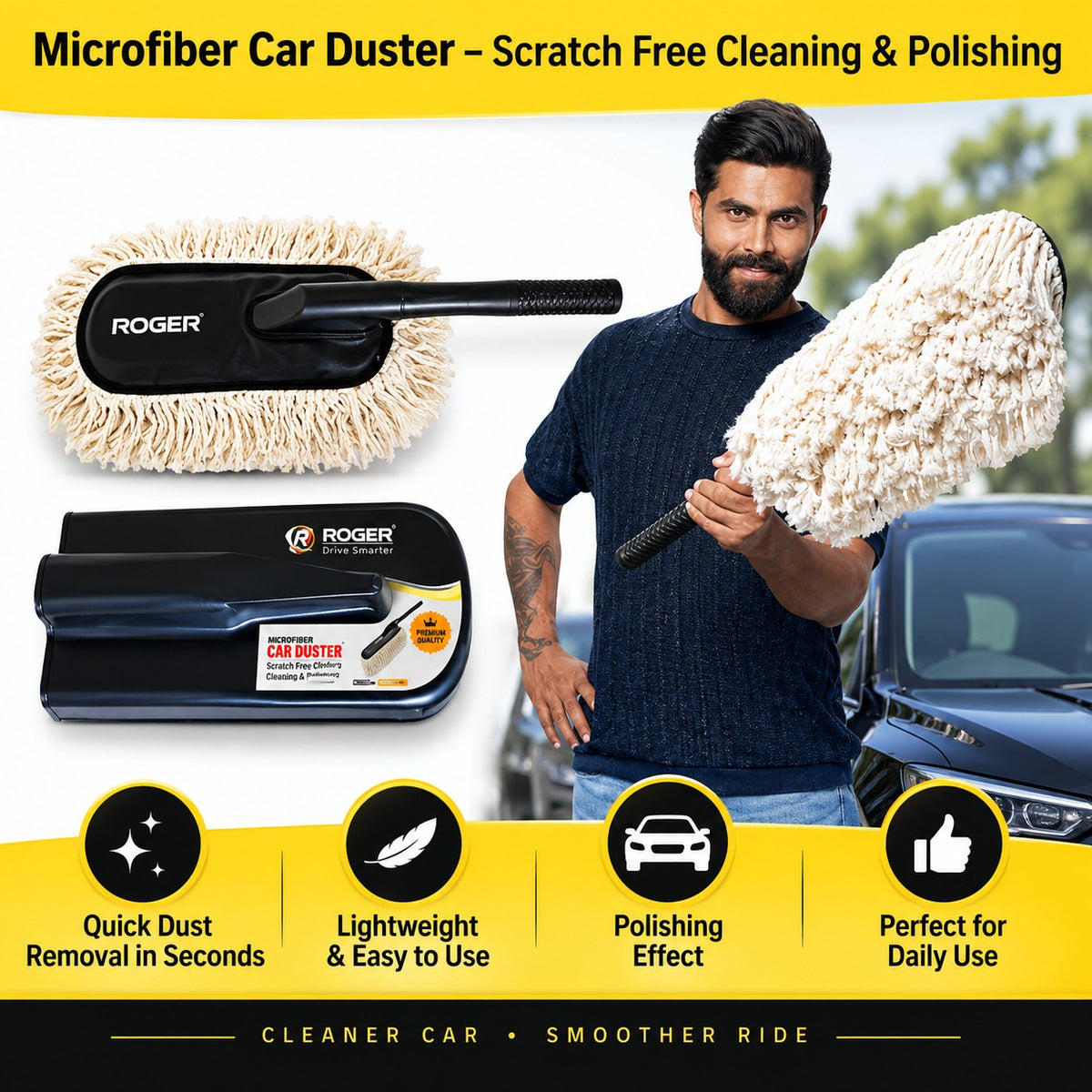 Roger Duster | Cleans & Polishes in Minutes | No Water Required | Long Handle for Rooftop & Windshield Cleaning | 6-Month Warranty | Scratch-Free Cleaning