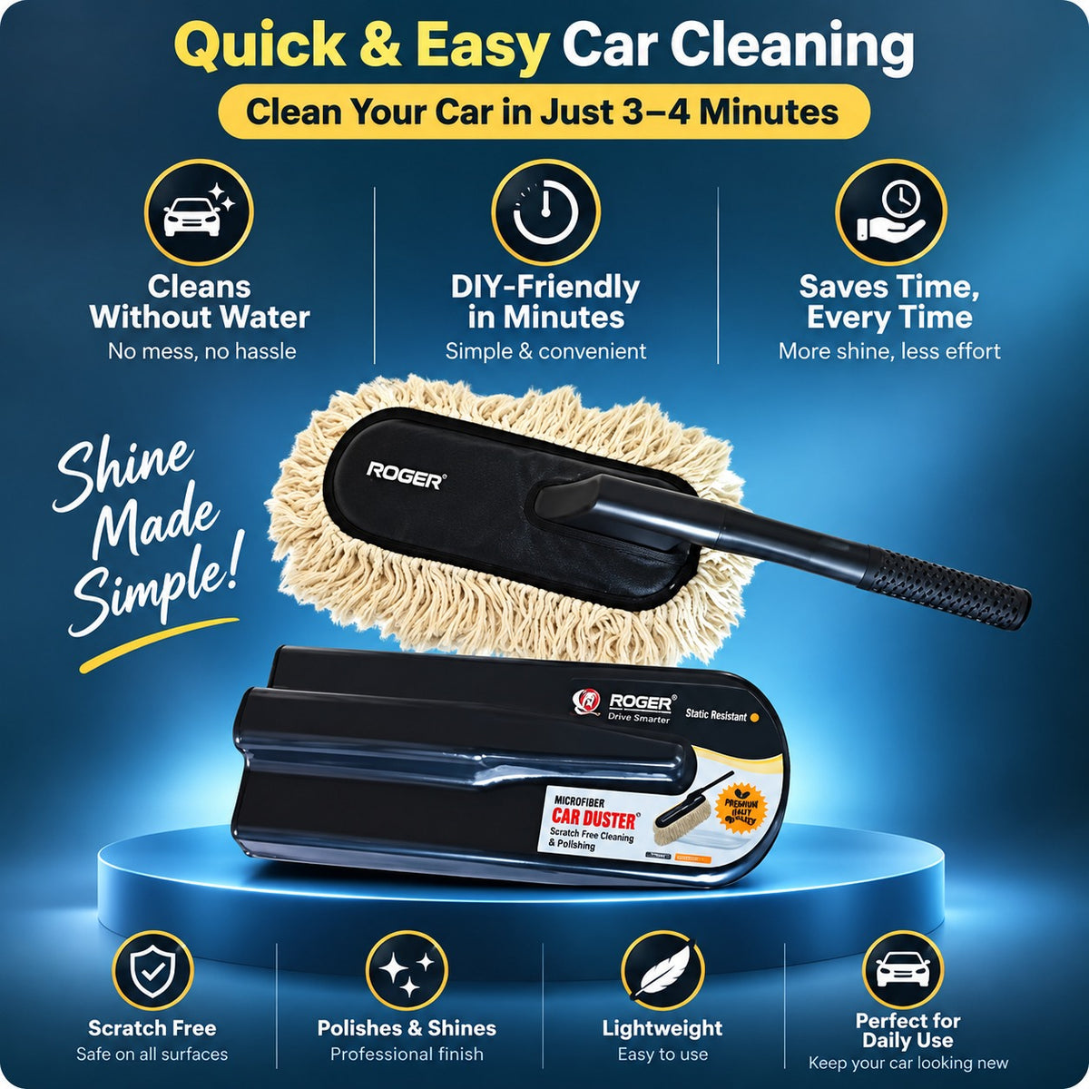 Roger Duster | Cleans & Polishes in Minutes | No Water Required | Long Handle for Rooftop & Windshield Cleaning | 6-Month Warranty | Scratch-Free Cleaning