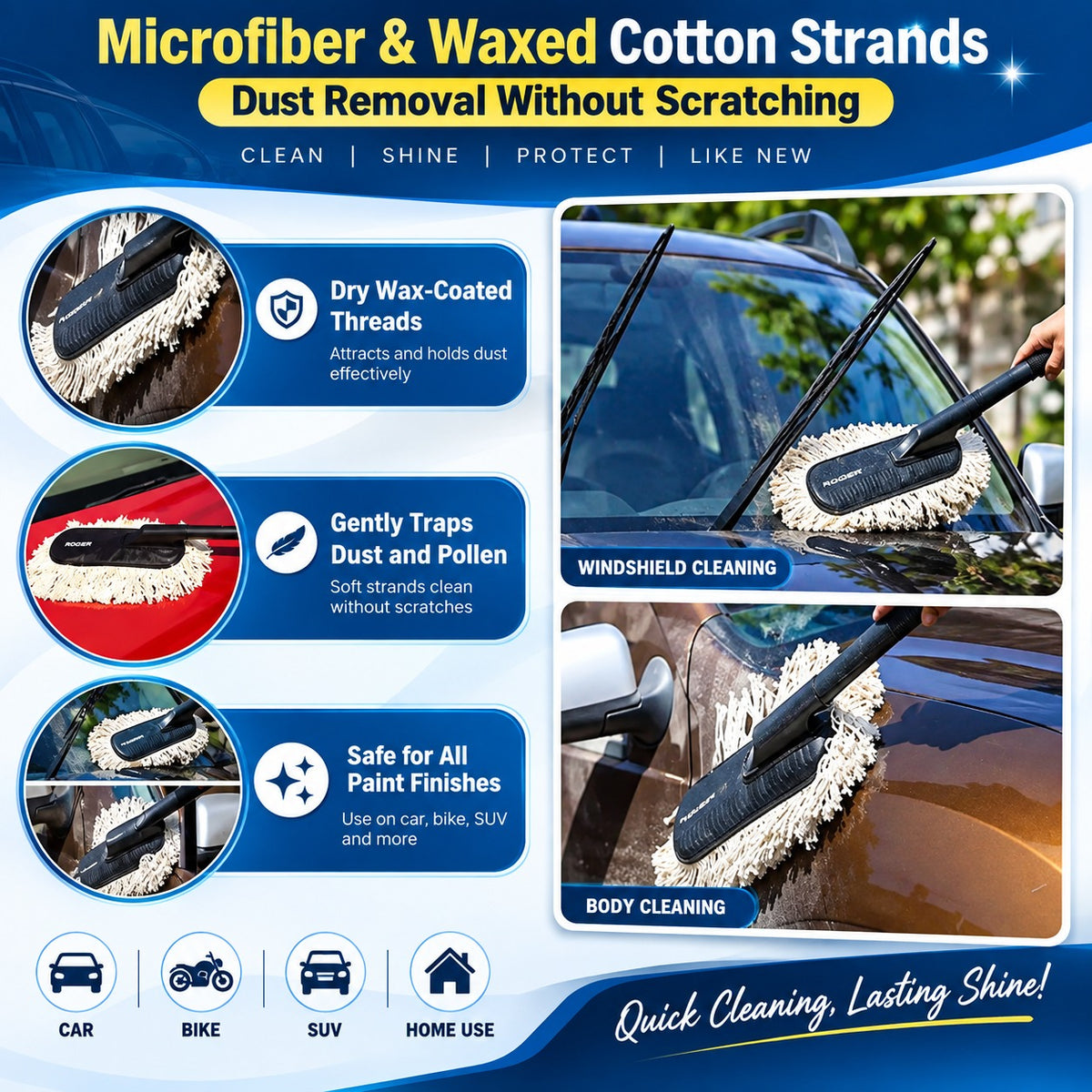 Roger Duster | Cleans & Polishes in Minutes | No Water Required | Long Handle for Rooftop & Windshield Cleaning | 6-Month Warranty | Scratch-Free Cleaning