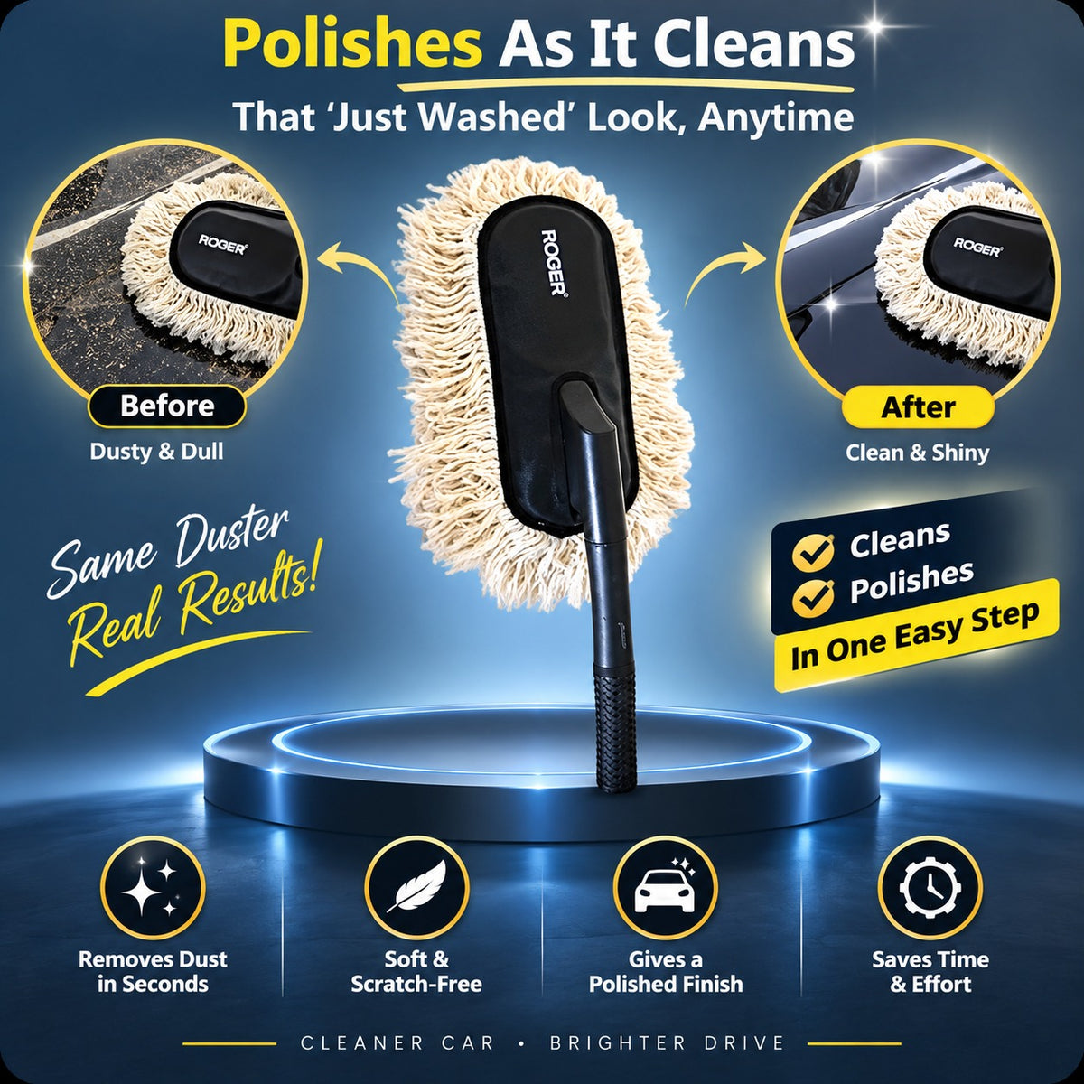 Roger Duster | Cleans & Polishes in Minutes | No Water Required | Long Handle for Rooftop & Windshield Cleaning | 6-Month Warranty | Scratch-Free Cleaning