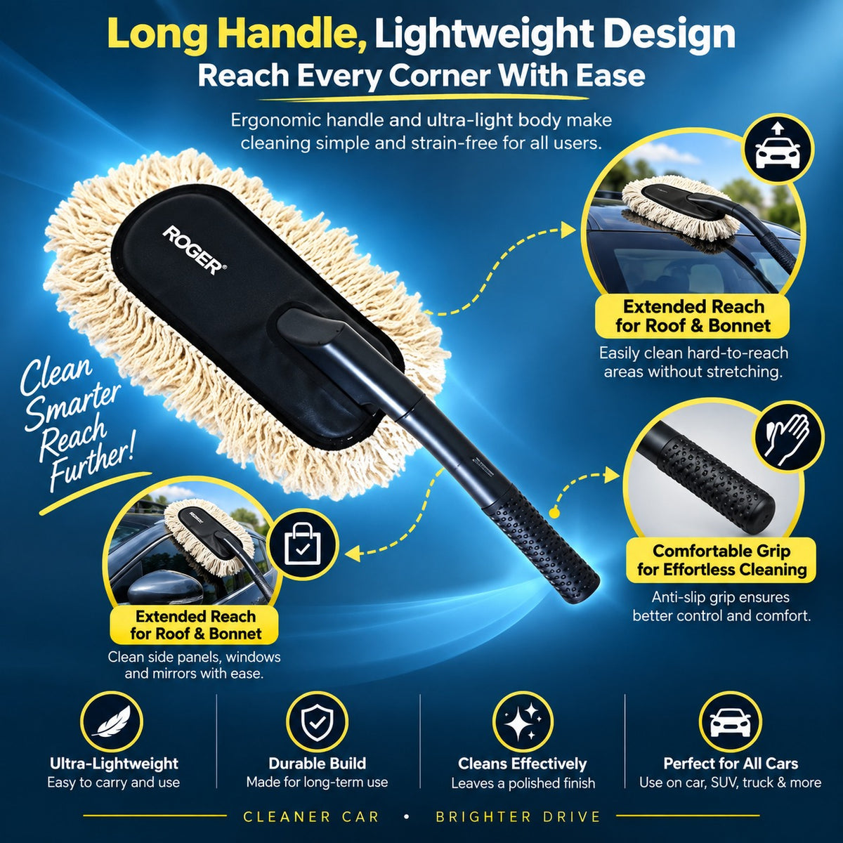 Roger Duster | Cleans & Polishes in Minutes | No Water Required | Long Handle for Rooftop & Windshield Cleaning | 6-Month Warranty | Scratch-Free Cleaning