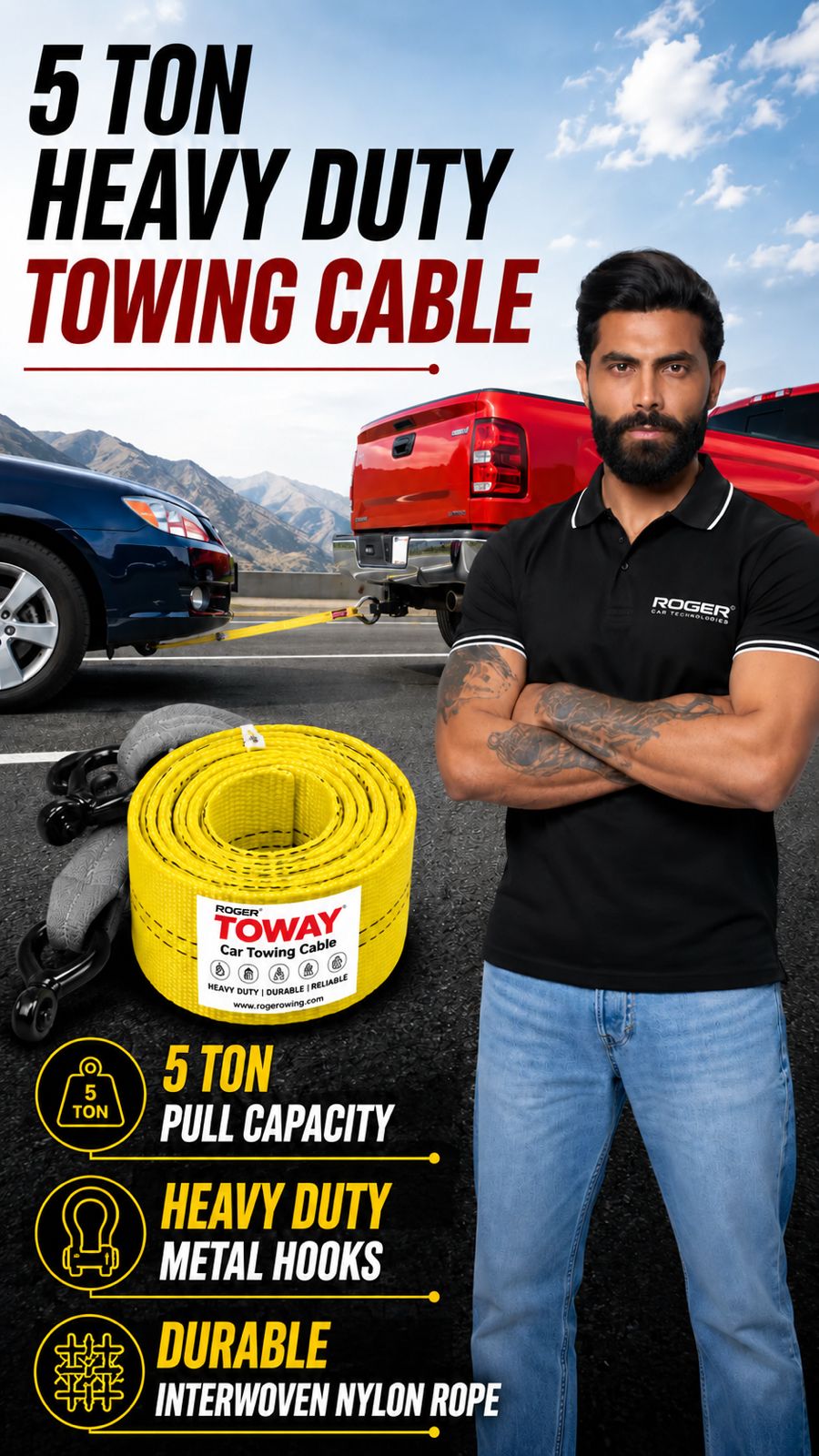 Roger Towing Cable |5 Ton Pulling Capacity | Heavy-Duty Steel Hooks | Interwoven Nylon Cable | 10-Foot Long Cable | 12-Month Warranty