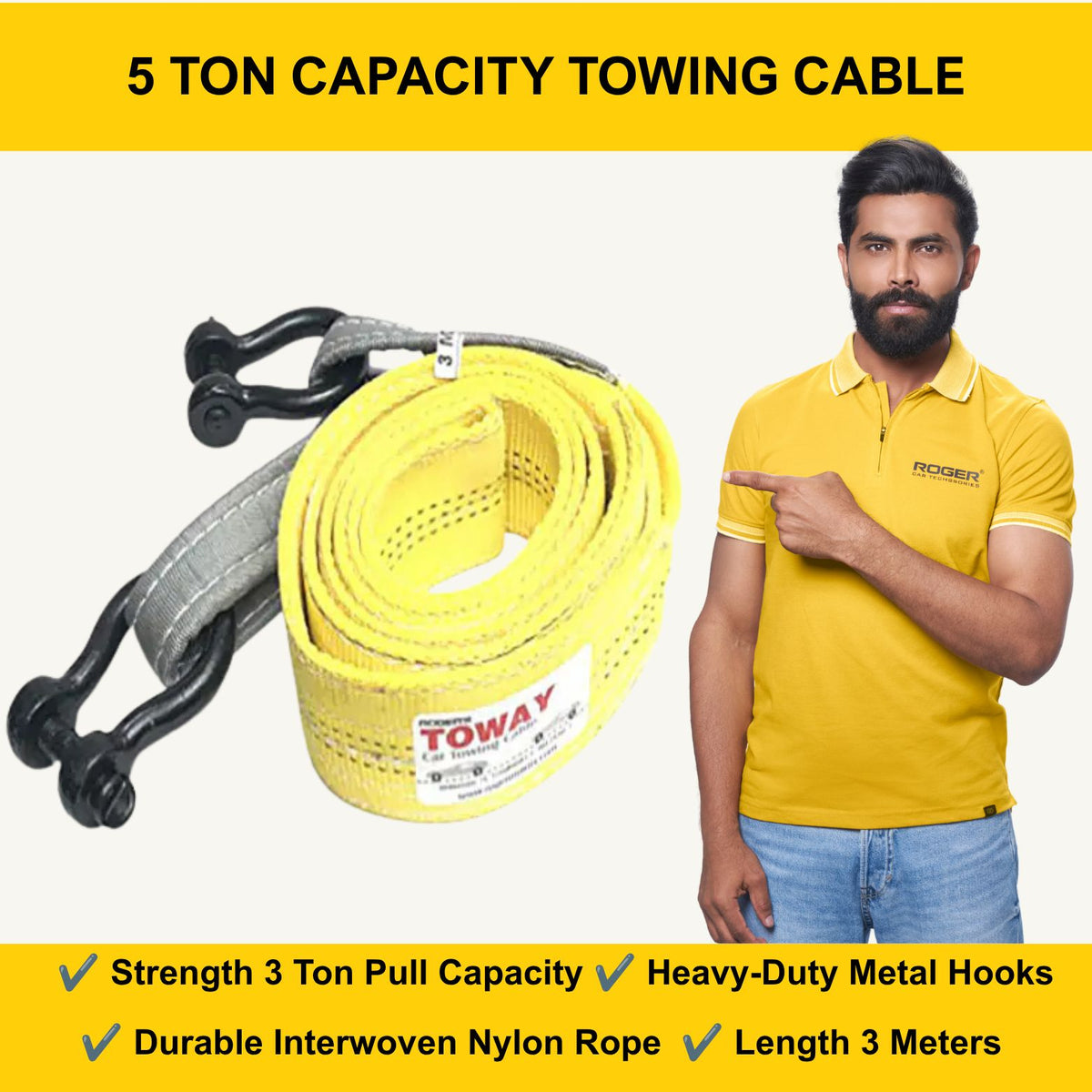 Roger Towing Cable |5 Ton Pulling Capacity | Heavy-Duty Steel Hooks | Interwoven Nylon Cable | 10-Foot Long Cable | 12-Month Warranty