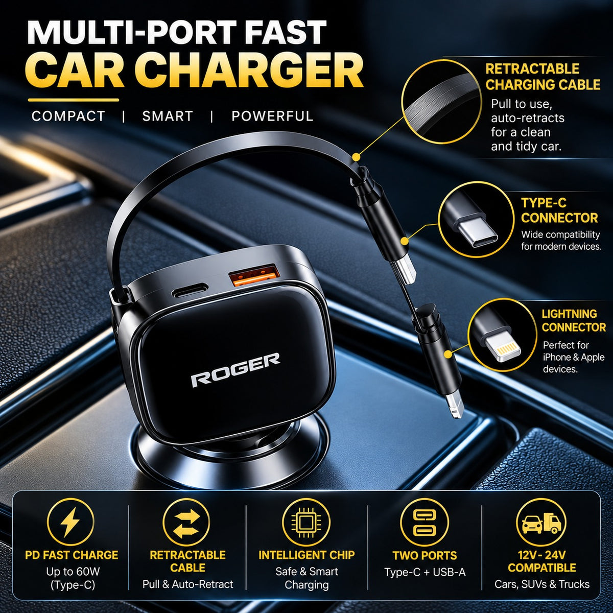 Roger 84W Fast Charger | 3-Year Warranty | Charge Multiple Devices Simultaneously | Retractable 80 cm Cable | Mess-Free Cable Management