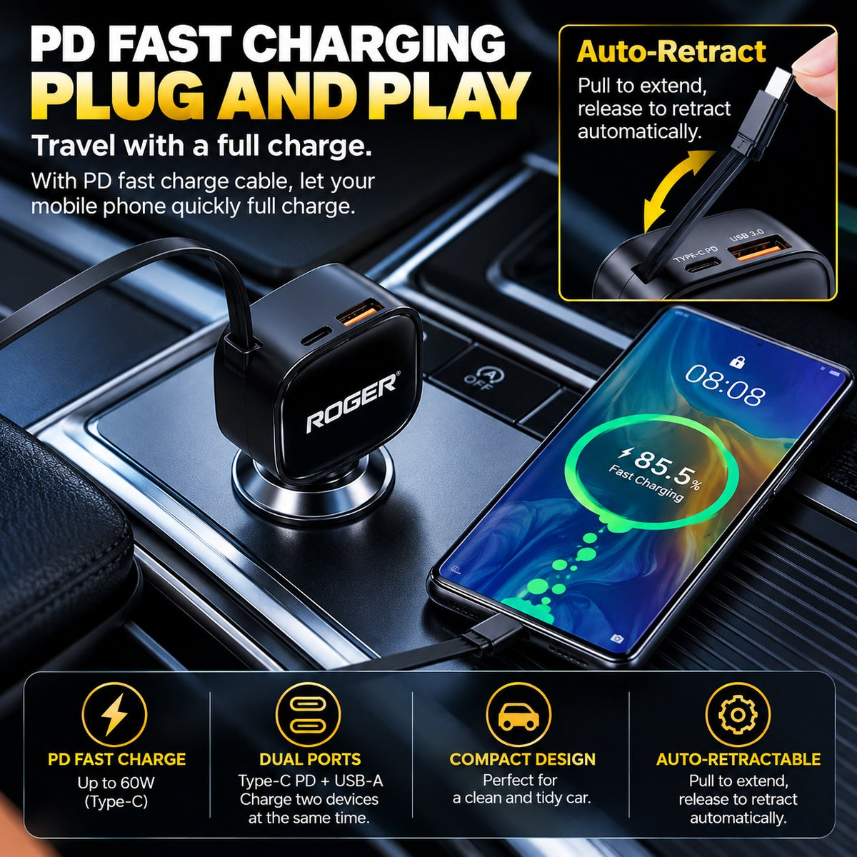 Roger 84W Fast Charger | 3-Year Warranty | Charge Multiple Devices Simultaneously | Retractable 80 cm Cable | Mess-Free Cable Management