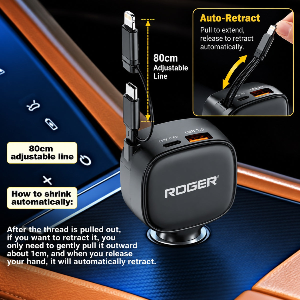 Roger 84W Fast Charger | 3-Year Warranty | Charge Multiple Devices Simultaneously | Retractable 80 cm Cable | Mess-Free Cable Management