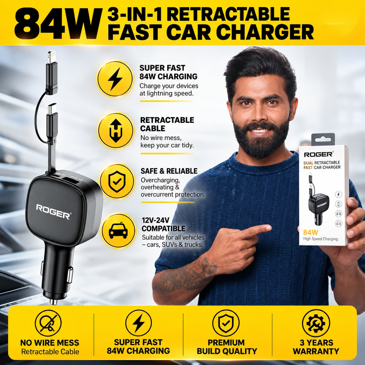 Roger 84W Fast Charger | 3-Year Warranty | Charge Multiple Devices Simultaneously | Retractable 80 cm Cable | Mess-Free Cable Management
