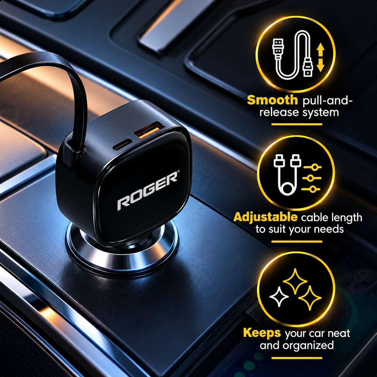 Roger 84W Fast Charger | 3-Year Warranty | Charge Multiple Devices Simultaneously | Retractable 80 cm Cable | Mess-Free Cable Management