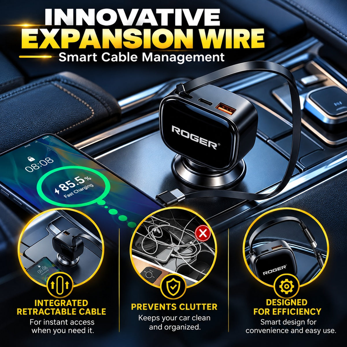 Roger 84W Fast Charger | 3-Year Warranty | Charge Multiple Devices Simultaneously | Retractable 80 cm Cable | Mess-Free Cable Management