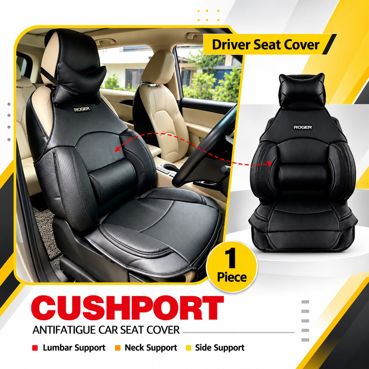 Roger Universal Multi-Support Seat Cover | 1-Piece | Supports Neck to Thighs | Fits All Car Models | 12-Month Stitching Warranty | Reduces Long Drive Fatigue | Built-In Lumbar Support | Premium Synthetic Leather