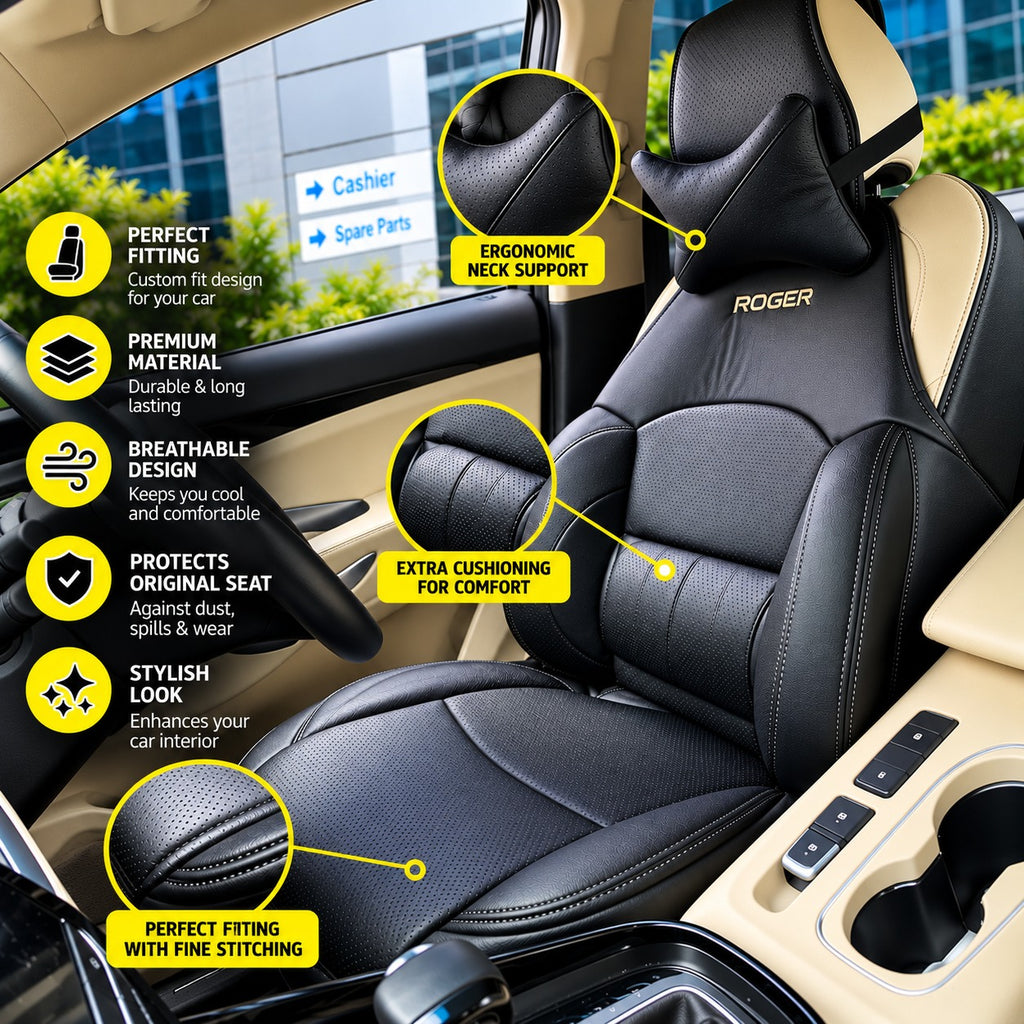 Roger Universal Multi-Support Seat Cover | 1-Piece | Supports Neck to Thighs | Fits All Car Models | 12-Month Stitching Warranty | Reduces Long Drive Fatigue | Built-In Lumbar Support | Premium Synthetic Leather