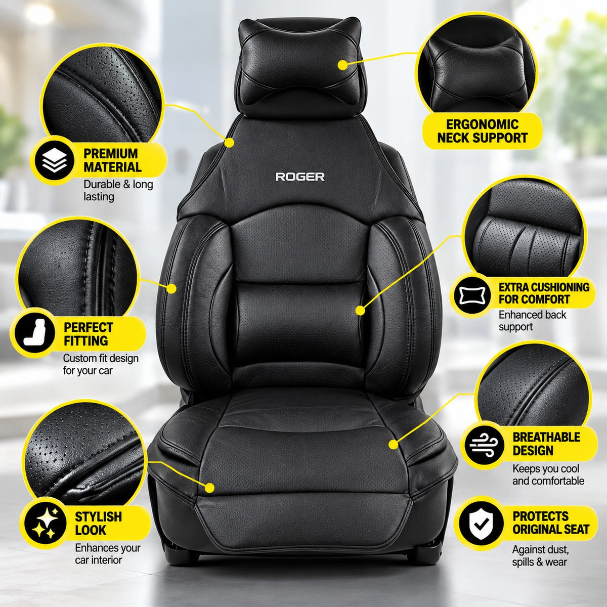 Roger Universal Multi-Support Seat Cover | 1-Piece | Supports Neck to Thighs | Fits All Car Models | 12-Month Stitching Warranty | Reduces Long Drive Fatigue | Built-In Lumbar Support | Premium Synthetic Leather