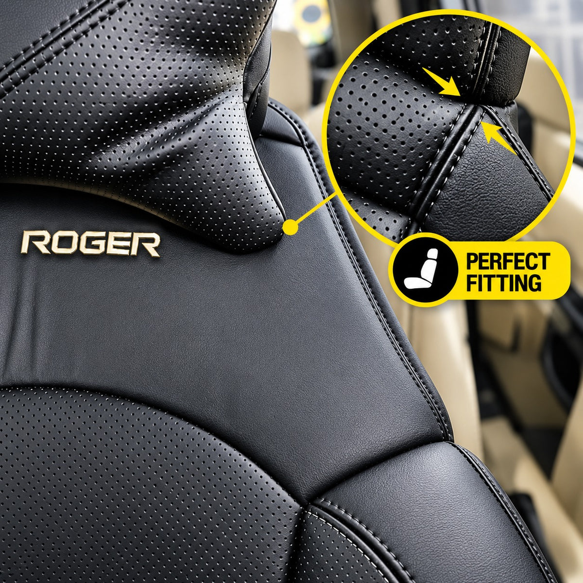 Roger Universal Multi-Support Seat Cover | 1-Piece | Supports Neck to Thighs | Fits All Car Models | 12-Month Stitching Warranty | Reduces Long Drive Fatigue | Built-In Lumbar Support | Premium Synthetic Leather