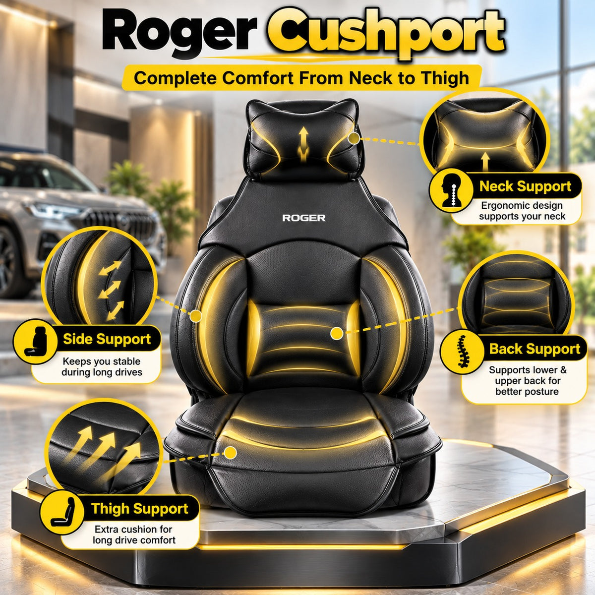 Roger Universal Multi-Support Seat Cover | 1-Piece | Supports Neck to Thighs | Fits All Car Models | 12-Month Stitching Warranty | Reduces Long Drive Fatigue | Built-In Lumbar Support | Premium Synthetic Leather