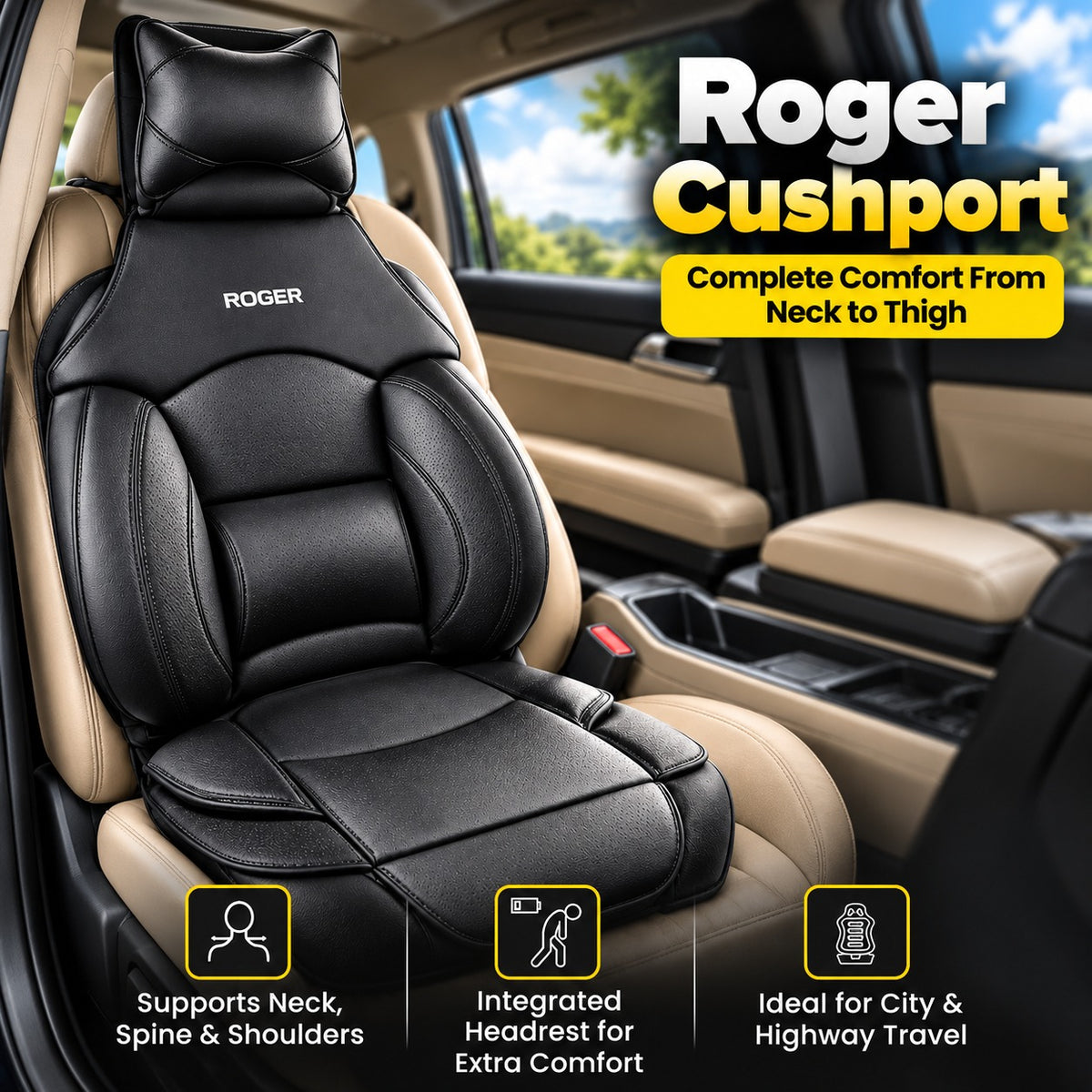 Roger Universal Multi-Support Seat Cover | 1-Piece | Supports Neck to Thighs | Fits All Car Models | 12-Month Stitching Warranty | Reduces Long Drive Fatigue | Built-In Lumbar Support | Premium Synthetic Leather