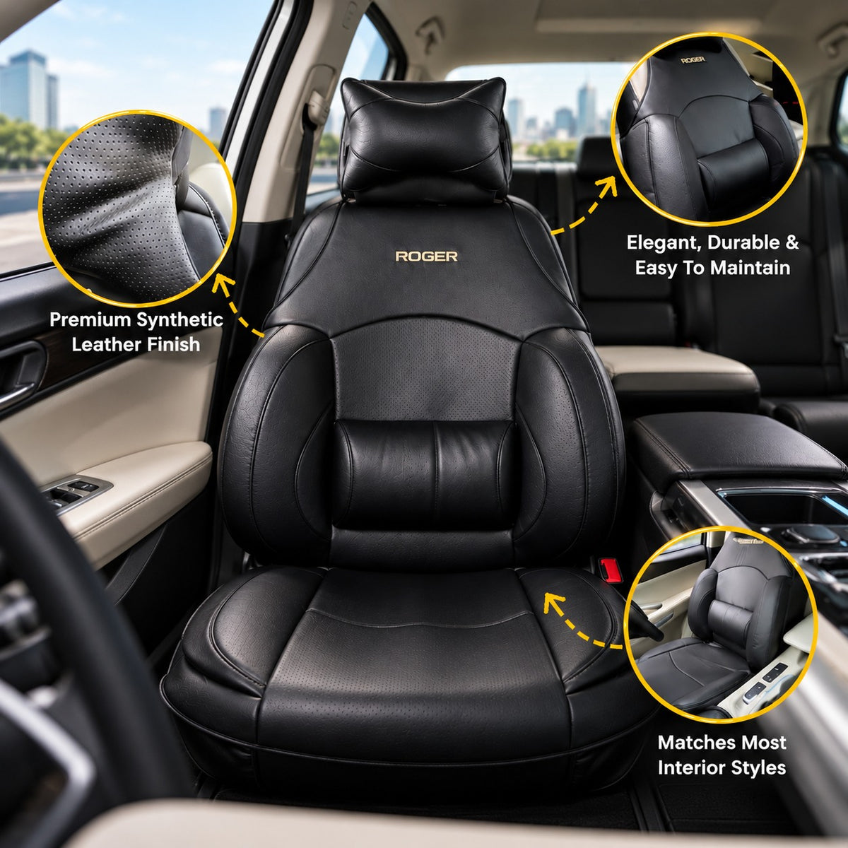 Roger Universal Multi-Support Seat Cover | 1-Piece | Supports Neck to Thighs | Fits All Car Models | 12-Month Stitching Warranty | Reduces Long Drive Fatigue | Built-In Lumbar Support | Premium Synthetic Leather