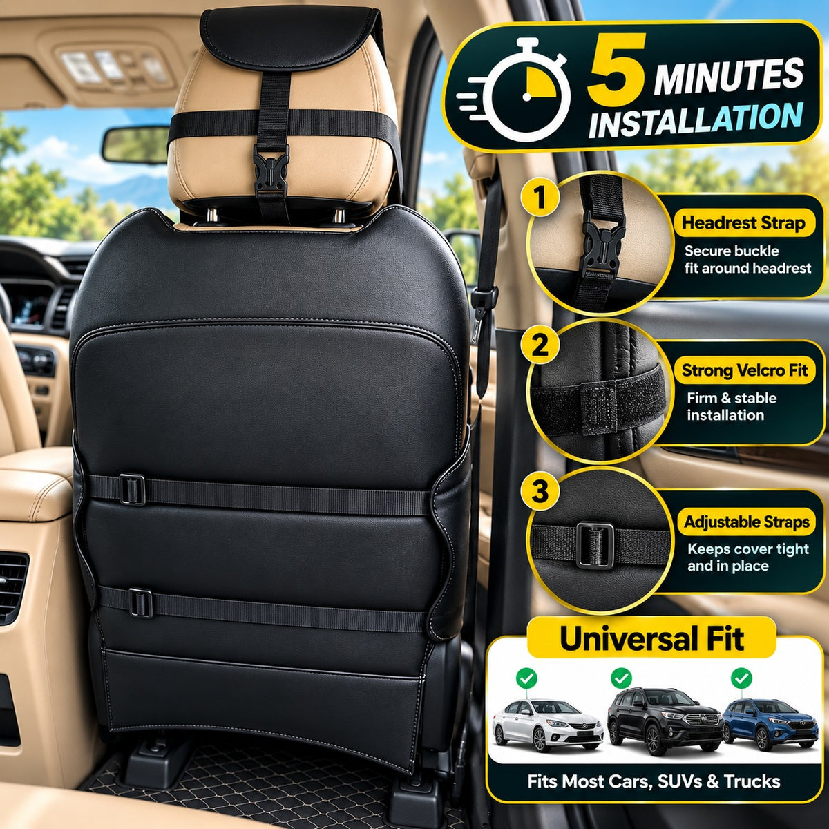 Roger Universal Multi-Support Seat Cover | 1-Piece | Supports Neck to Thighs | Fits All Car Models | 12-Month Stitching Warranty | Reduces Long Drive Fatigue | Built-In Lumbar Support | Premium Synthetic Leather