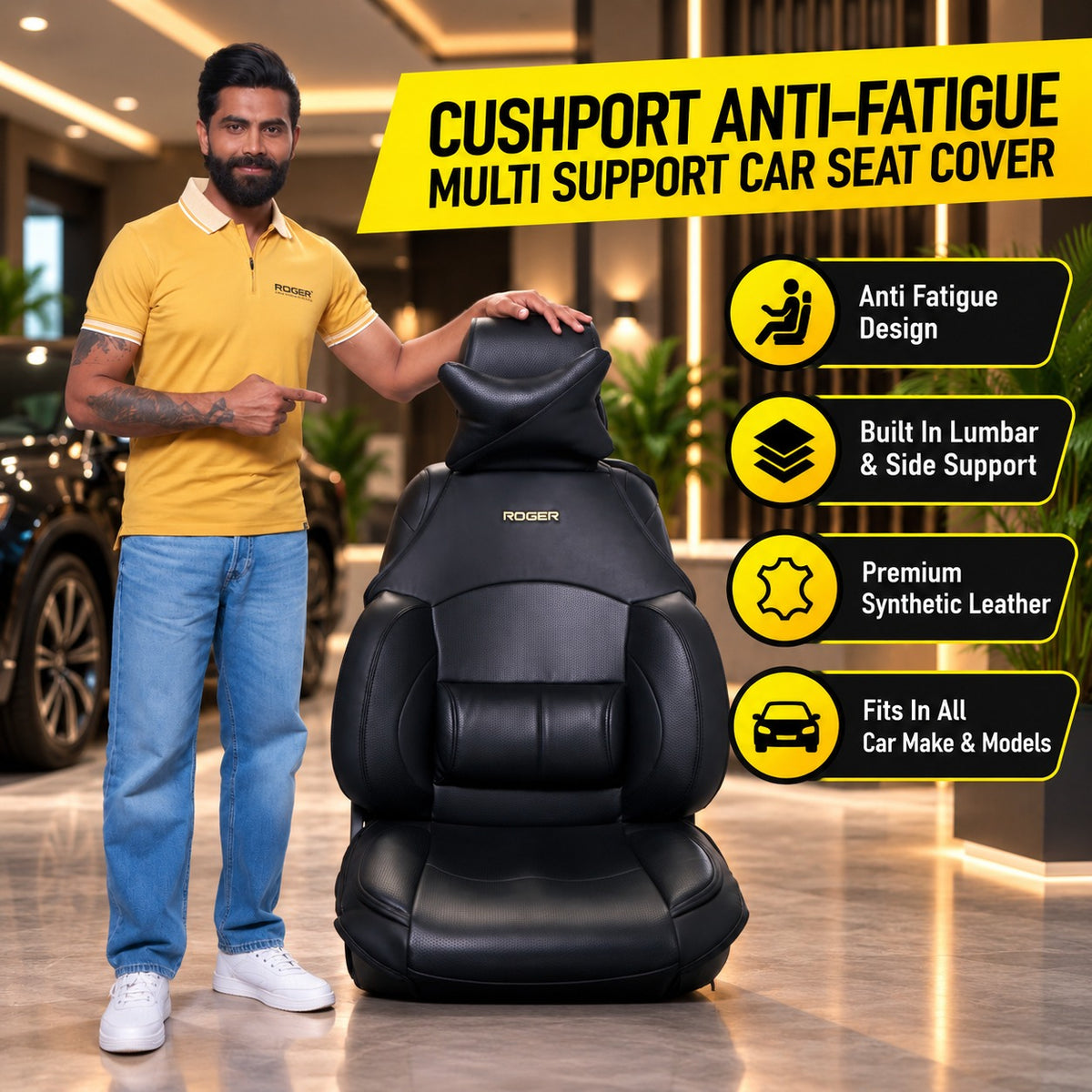 Roger Universal Multi-Support Seat Cover | 1-Piece | Supports Neck to Thighs | Fits All Car Models | 12-Month Stitching Warranty | Reduces Long Drive Fatigue | Built-In Lumbar Support | Premium Synthetic Leather