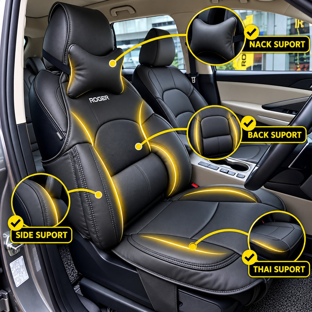 Roger Universal Multi-Support Seat Cover | 1-Piece | Supports Neck to Thighs | Fits All Car Models | 12-Month Stitching Warranty | Reduces Long Drive Fatigue | Built-In Lumbar Support | Premium Synthetic Leather