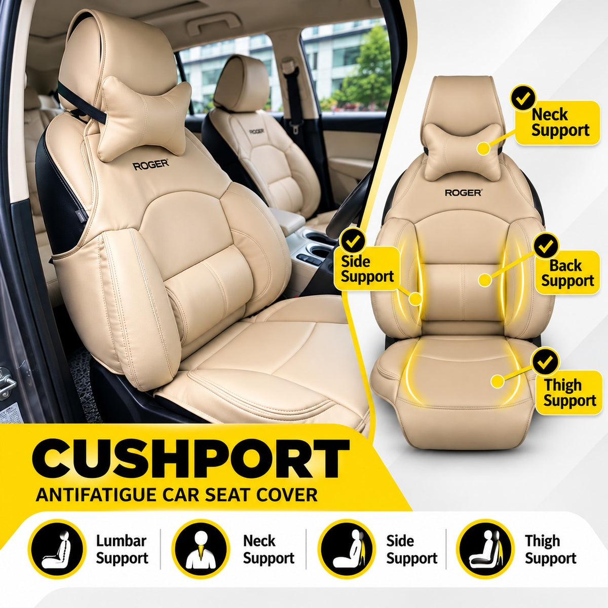 Roger Universal Multi-Support Seat Cover |1-Piece | Supports Neck to Thighs | Fits All Car Models | 12-Month Stitching Warranty | Reduces Long Drive Fatigue | Built-In Lumbar Support | Premium Synthetic Leather