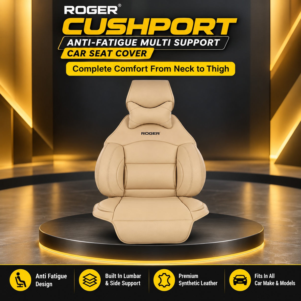 Roger Universal Multi-Support Seat Cover |1-Piece | Supports Neck to Thighs | Fits All Car Models | 12-Month Stitching Warranty | Reduces Long Drive Fatigue | Built-In Lumbar Support | Premium Synthetic Leather
