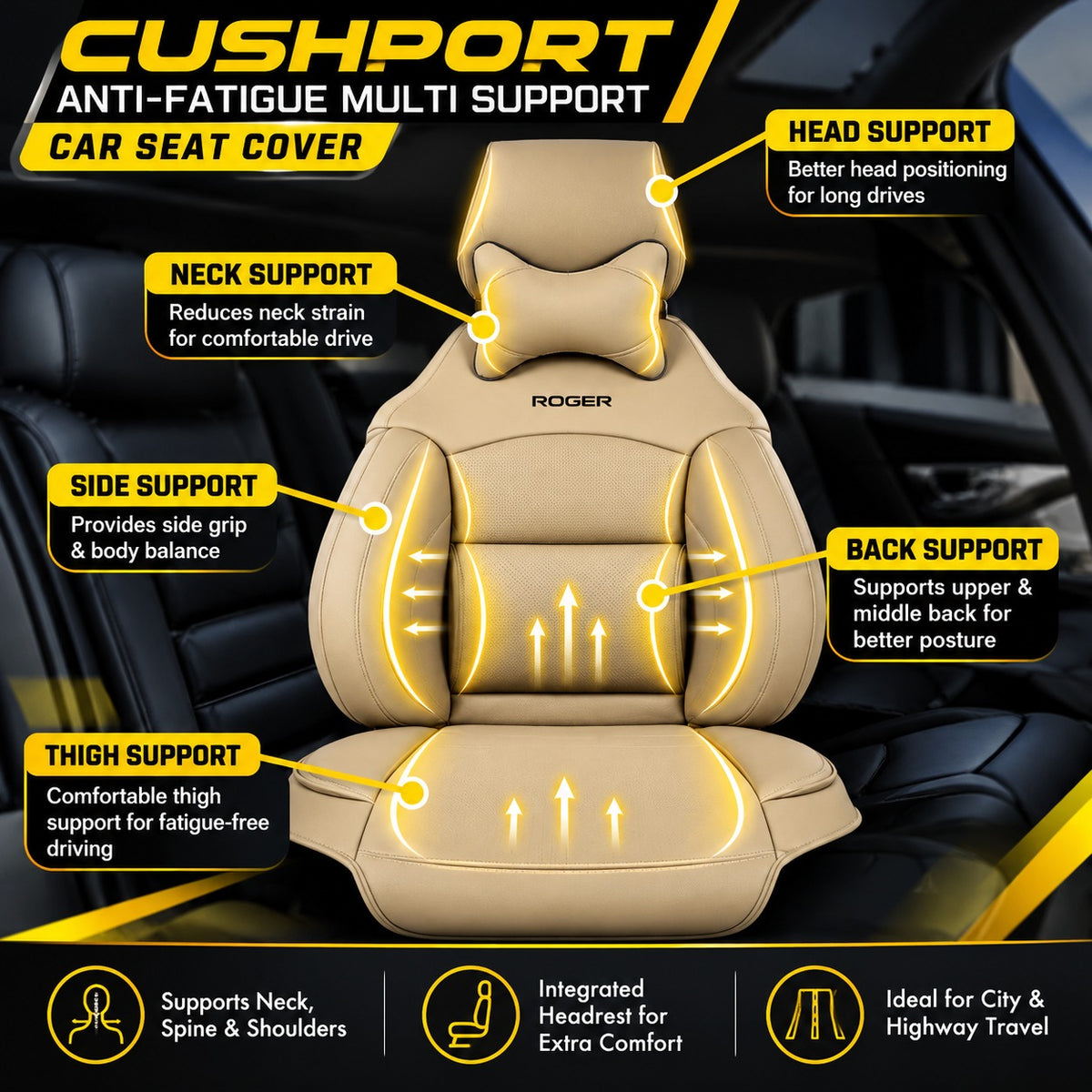 Roger Universal Multi-Support Seat Cover |1-Piece | Supports Neck to Thighs | Fits All Car Models | 12-Month Stitching Warranty | Reduces Long Drive Fatigue | Built-In Lumbar Support | Premium Synthetic Leather