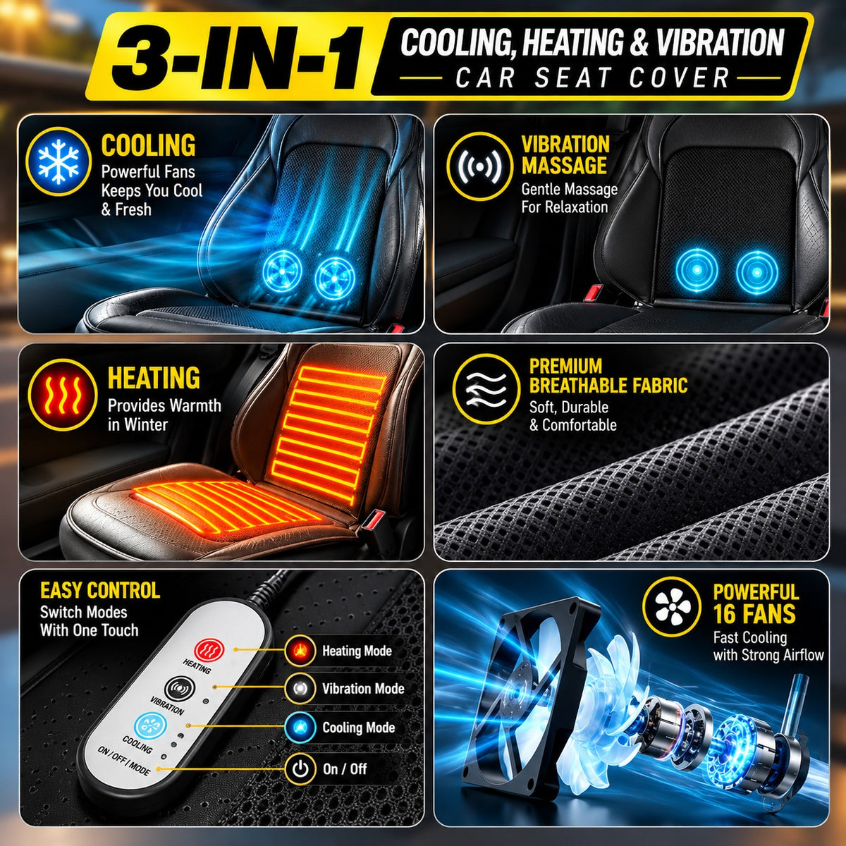 Roger 3-in-1 Cooling, Heating & Massage Seat Cover | 2-Year Warranty | All-Season Driving Comfort | Reduces Long Drive Fatigue | Breathable Mesh Design