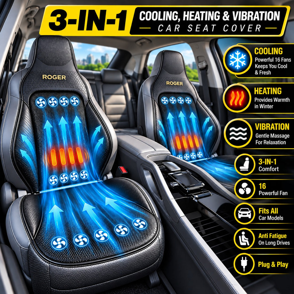 Roger 3-in-1 Cooling, Heating & Massage Seat Cover | 2-Year Warranty | All-Season Driving Comfort | Reduces Long Drive Fatigue | Breathable Mesh Design