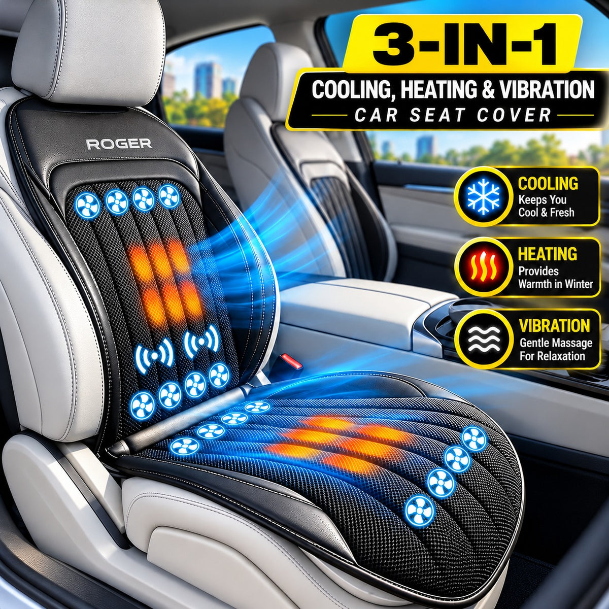 Roger 3-in-1 Cooling, Heating & Massage Seat Cover | 2-Year Warranty | All-Season Driving Comfort | Reduces Long Drive Fatigue | Breathable Mesh Design