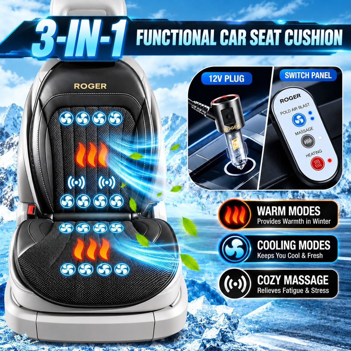Roger 3-in-1 Cooling, Heating & Massage Seat Cover | 2-Year Warranty | All-Season Driving Comfort | Reduces Long Drive Fatigue | Breathable Mesh Design