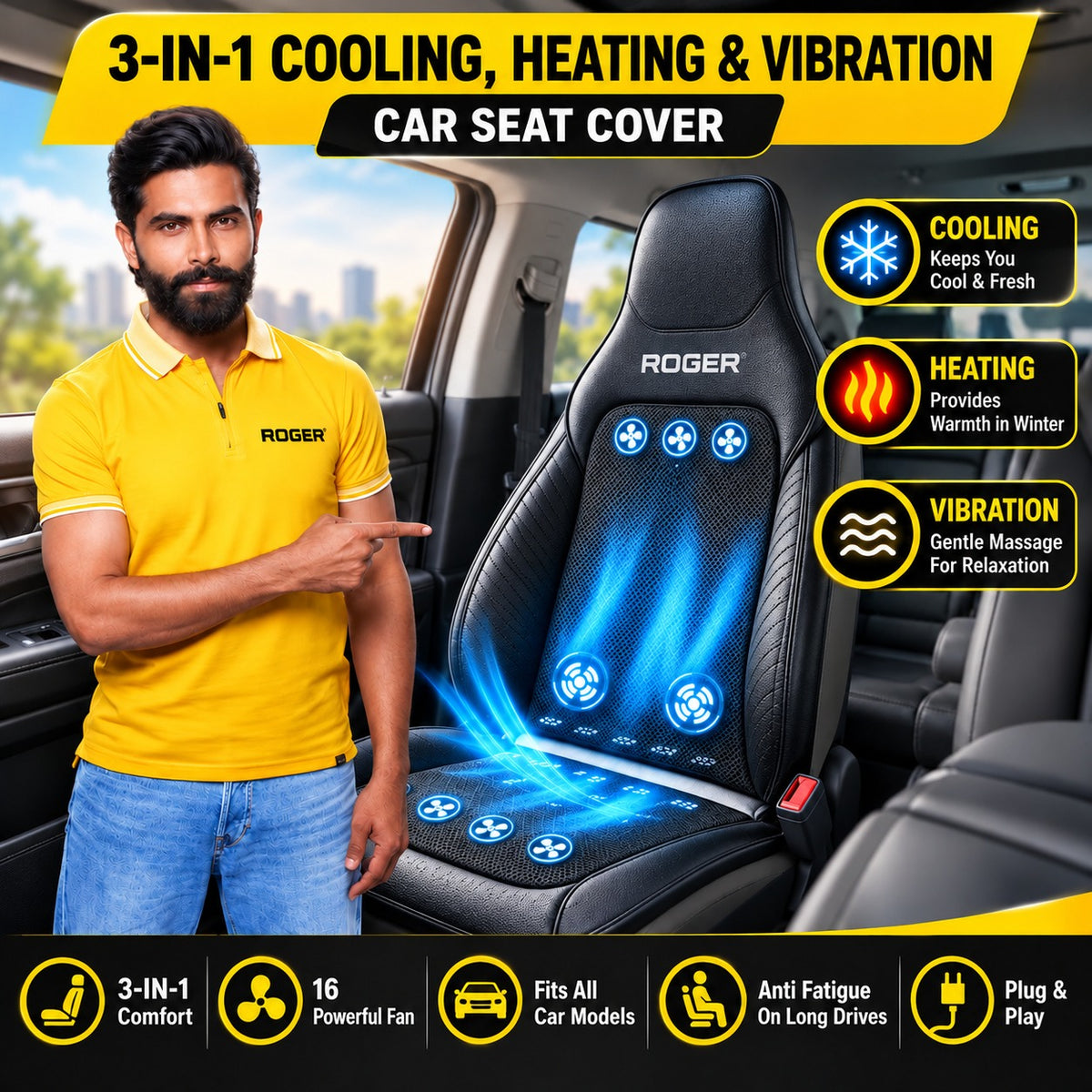 Roger 3-in-1 Cooling, Heating & Massage Seat Cover | 2-Year Warranty | All-Season Driving Comfort | Reduces Long Drive Fatigue | Breathable Mesh Design