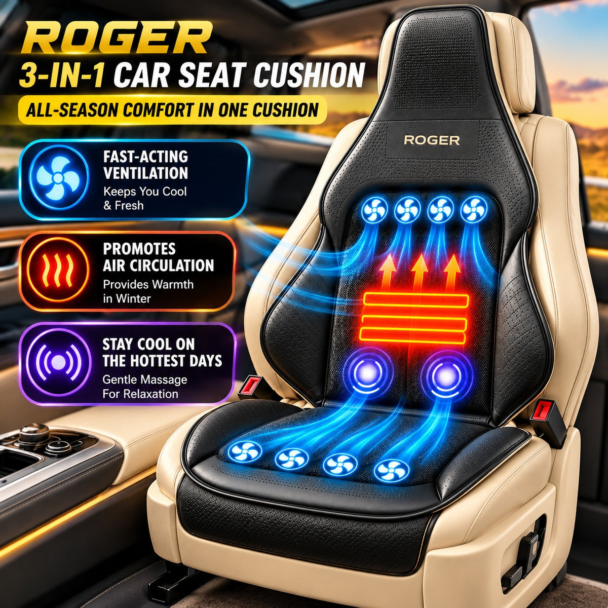 Roger 3-in-1 Cooling, Heating & Massage Seat Cover | 2-Year Warranty | All-Season Driving Comfort | Reduces Long Drive Fatigue | Breathable Mesh Design